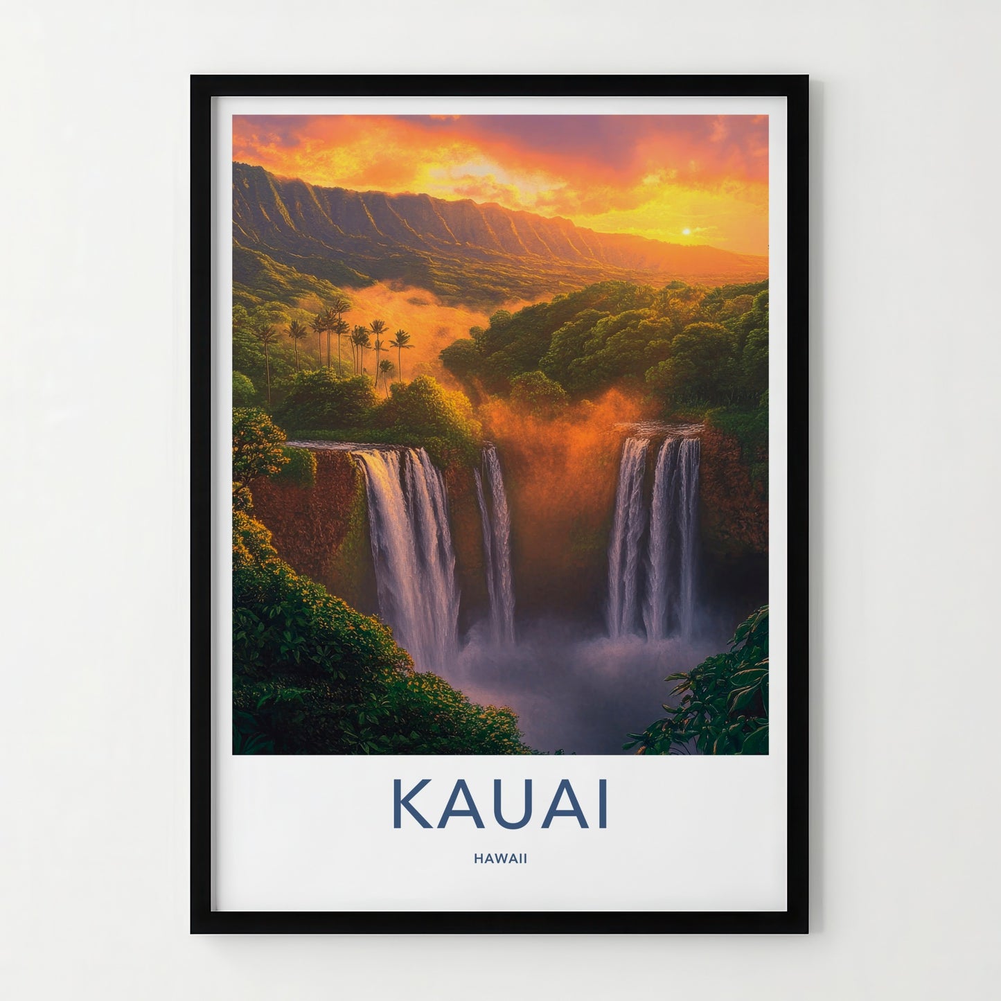 Kauai Poster - Hawaii Travel Art - Golden Sunset Waterfalls Wall Decor