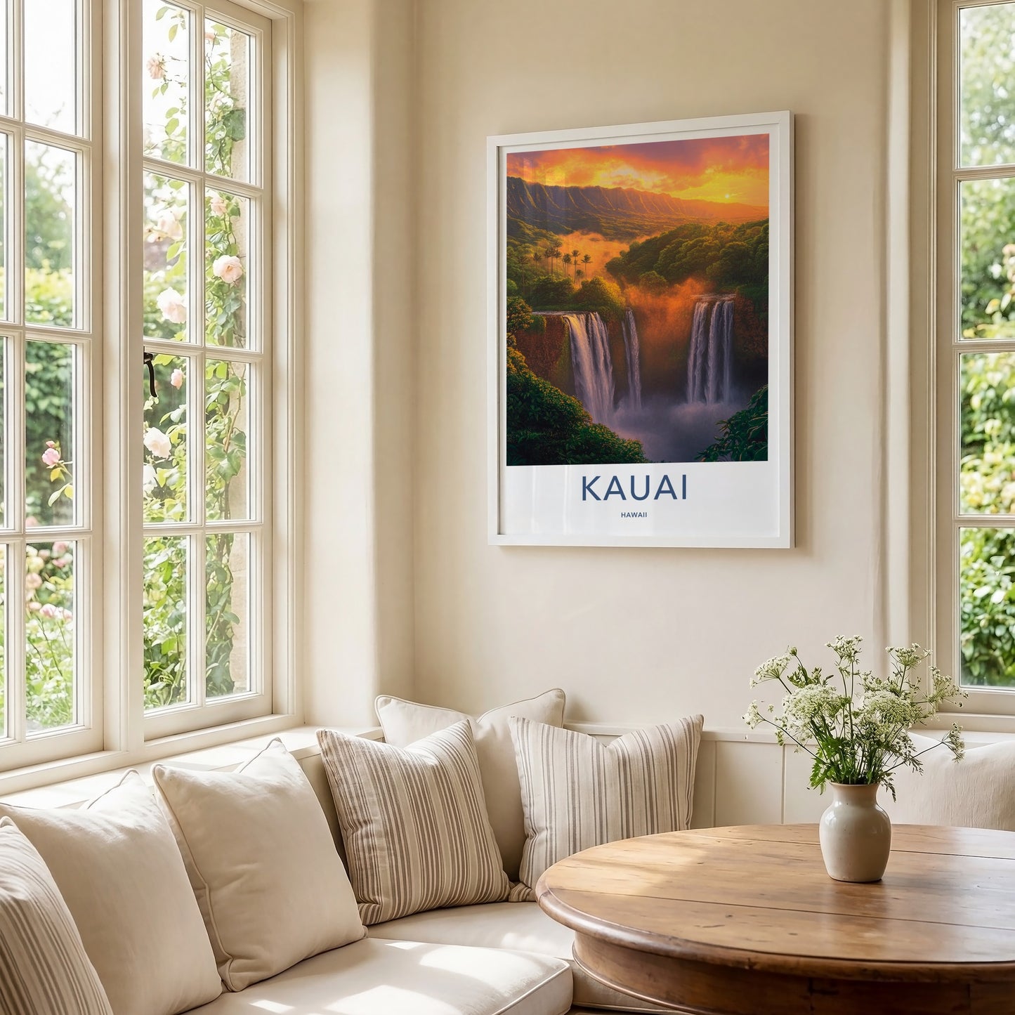 Kauai Poster - Hawaii Travel Art - Golden Sunset Waterfalls Wall Decor