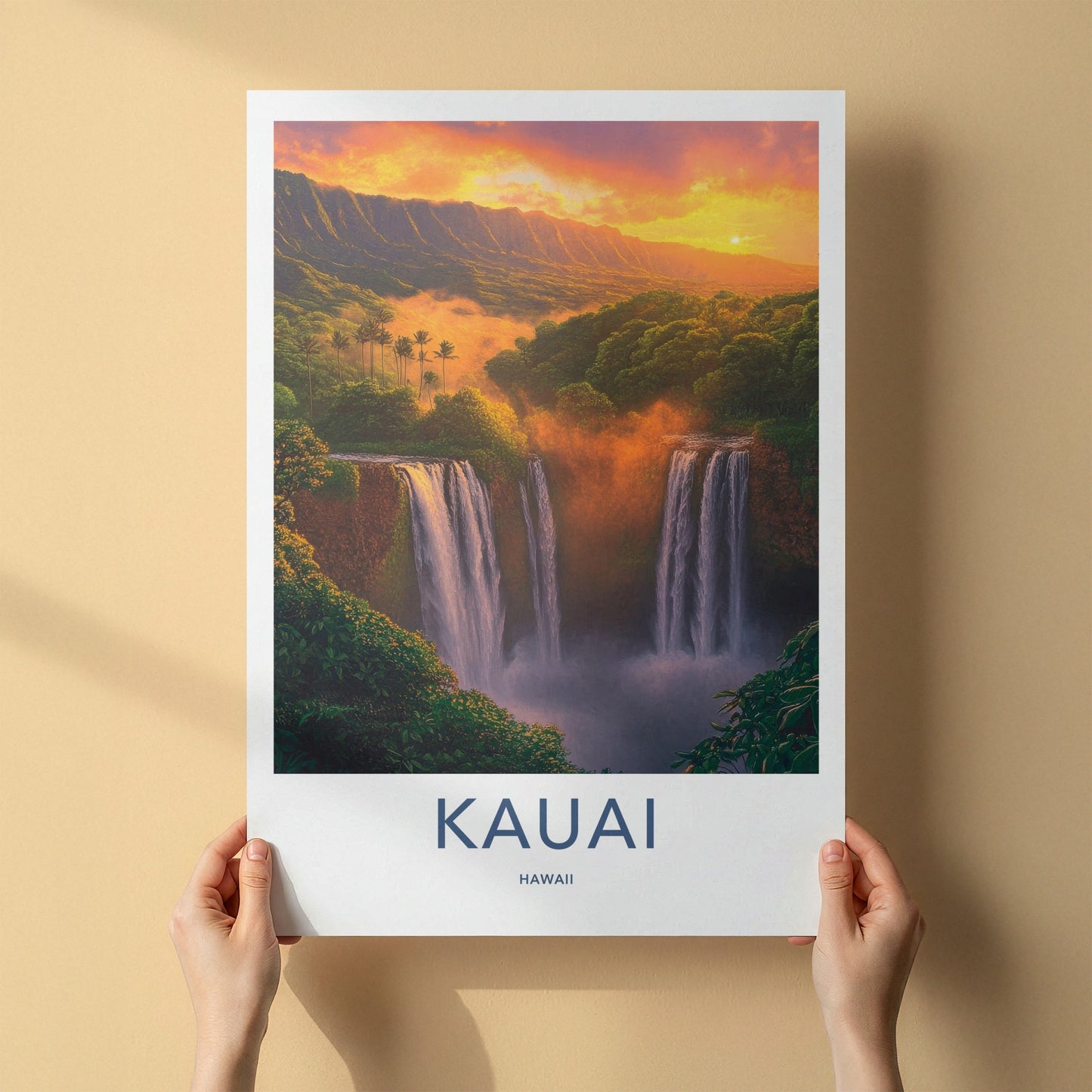 Kauai Poster - Hawaii Travel Art - Golden Sunset Waterfalls Wall Decor