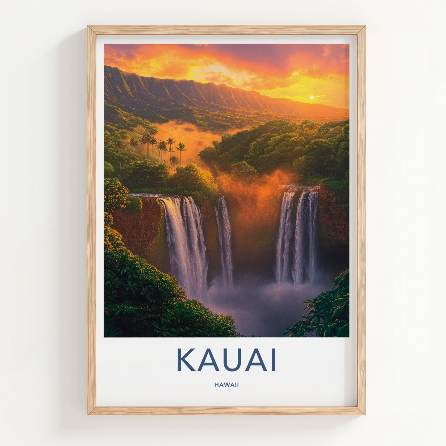 Kauai Poster - Hawaii Travel Art - Golden Sunset Waterfalls Wall Decor