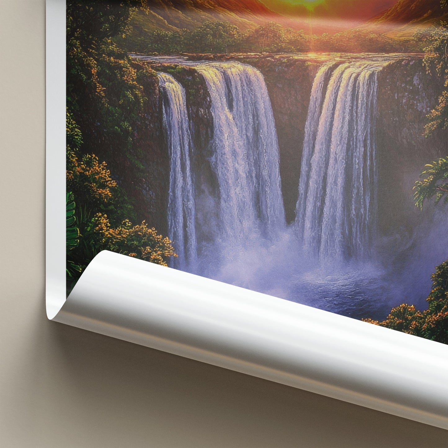 Kauai Poster - Hawaii Travel Art - Majestic Waterfall Sunset Home Decor
