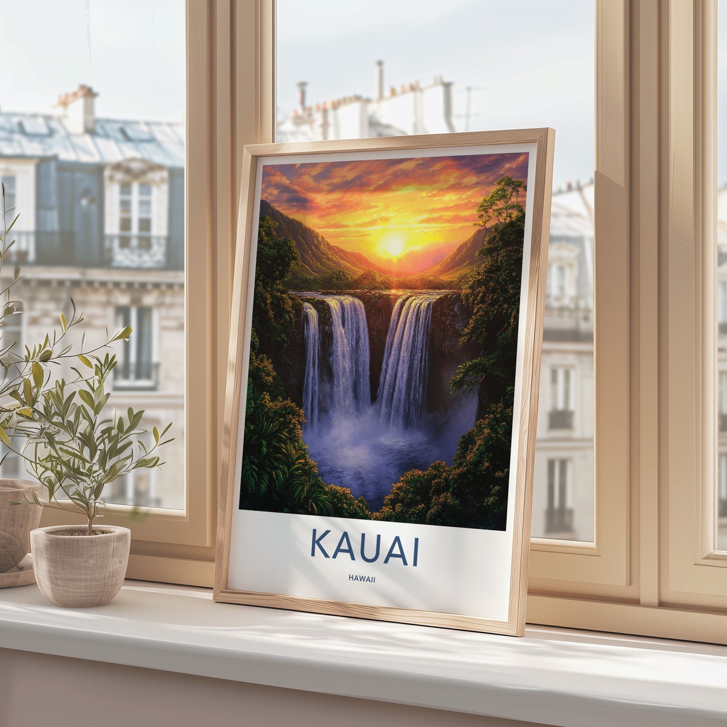Kauai Poster - Hawaii Travel Art - Majestic Waterfall Sunset Home Decor