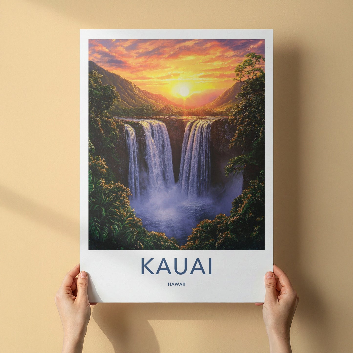 Kauai Poster - Hawaii Travel Art - Majestic Waterfall Sunset Home Decor