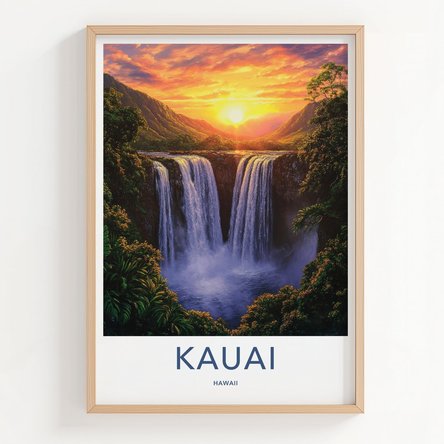 Kauai Poster - Hawaii Travel Art - Majestic Waterfall Sunset Home Decor