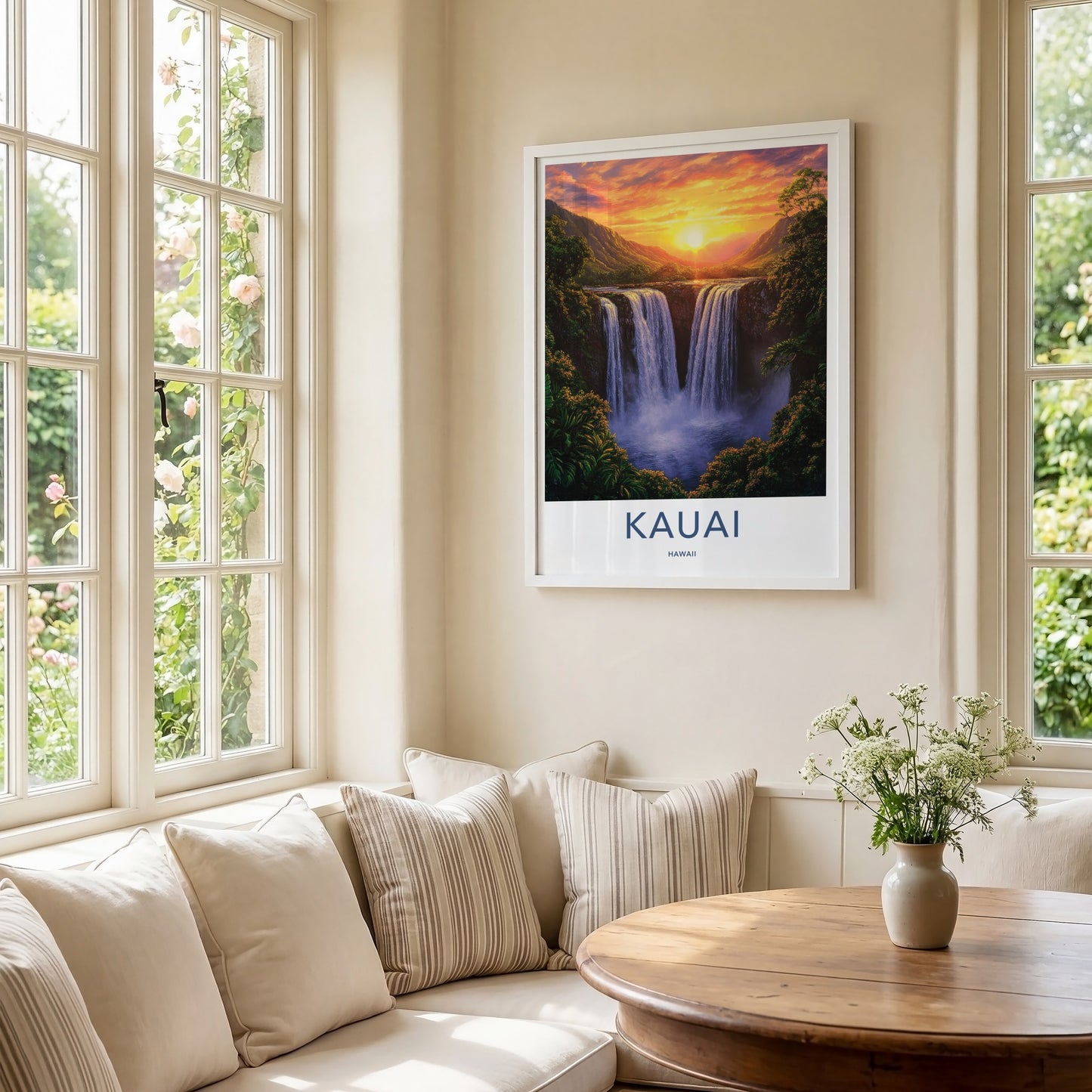 Kauai Poster - Hawaii Travel Art - Majestic Waterfall Sunset Home Decor