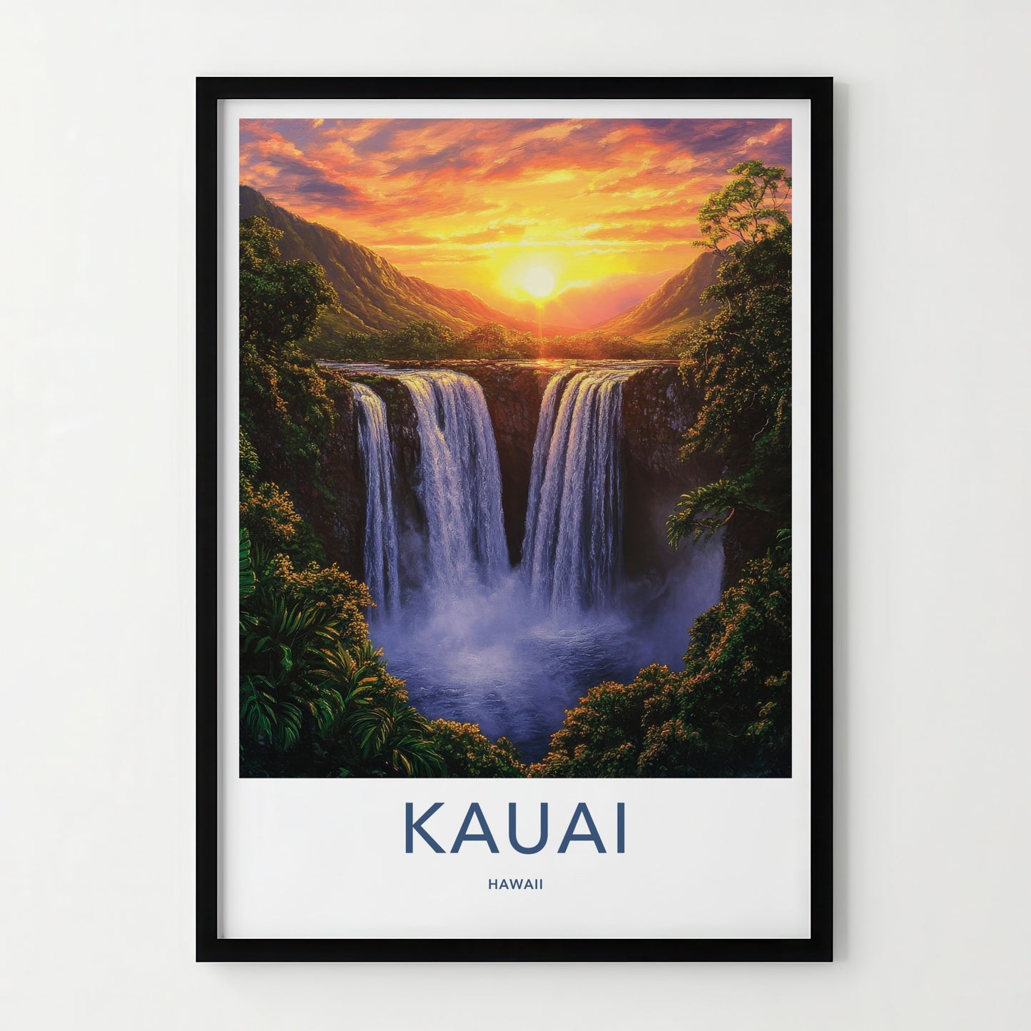Kauai Poster - Hawaii Travel Art - Majestic Waterfall Sunset Home Decor