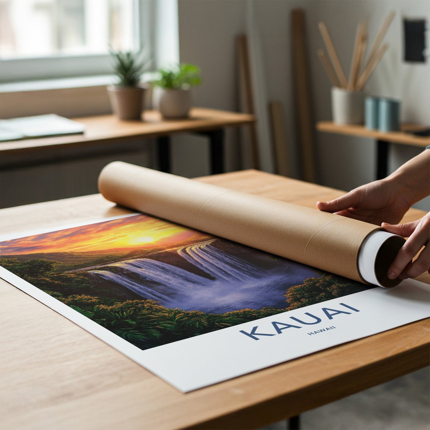 Kauai Poster - Hawaii Travel Art - Majestic Waterfall Sunset Home Decor