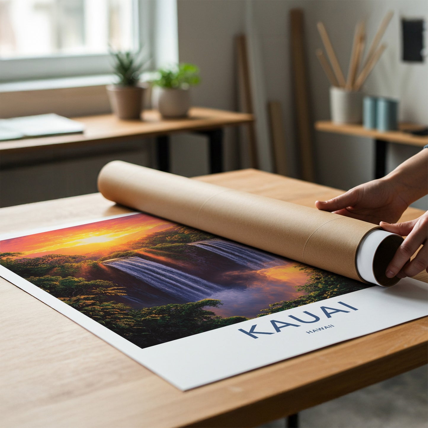 Kauai Poster - Hawaii Wall Art - Golden Sunset Waterfalls Home Decor