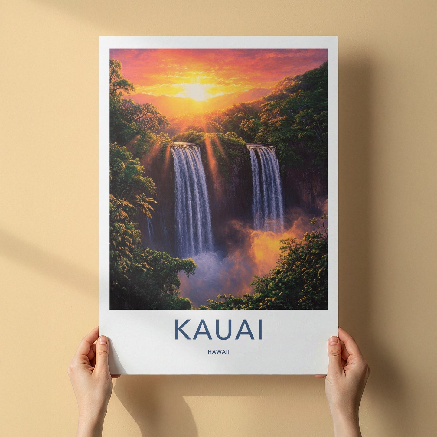 Kauai Poster - Hawaii Wall Art - Golden Sunset Waterfalls Home Decor