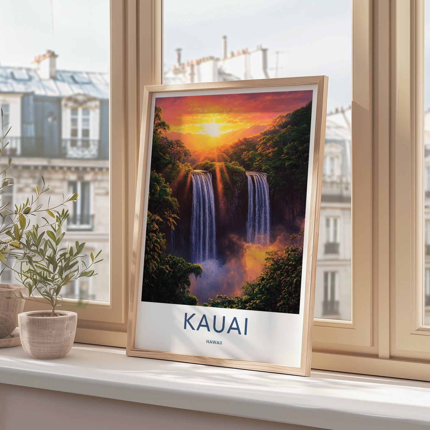 Kauai Poster - Hawaii Wall Art - Golden Sunset Waterfalls Home Decor