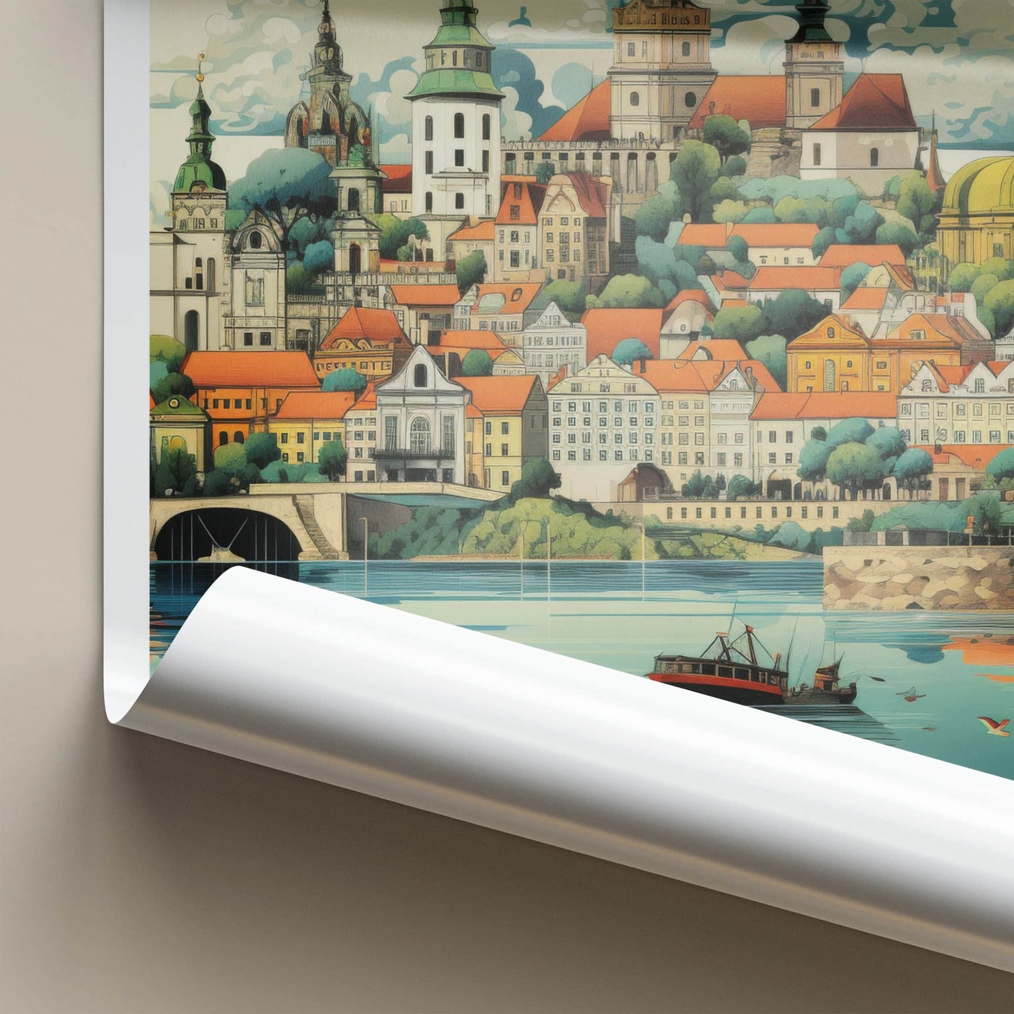 Kaunas Poster - Lithuania Travel Art - Riverfront City Skyline Wall Decor