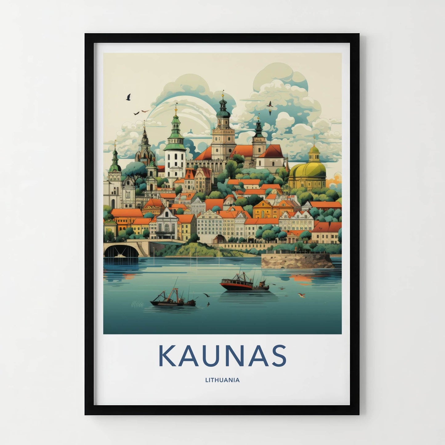 Kaunas Poster - Lithuania Travel Art - Riverfront City Skyline Wall Decor