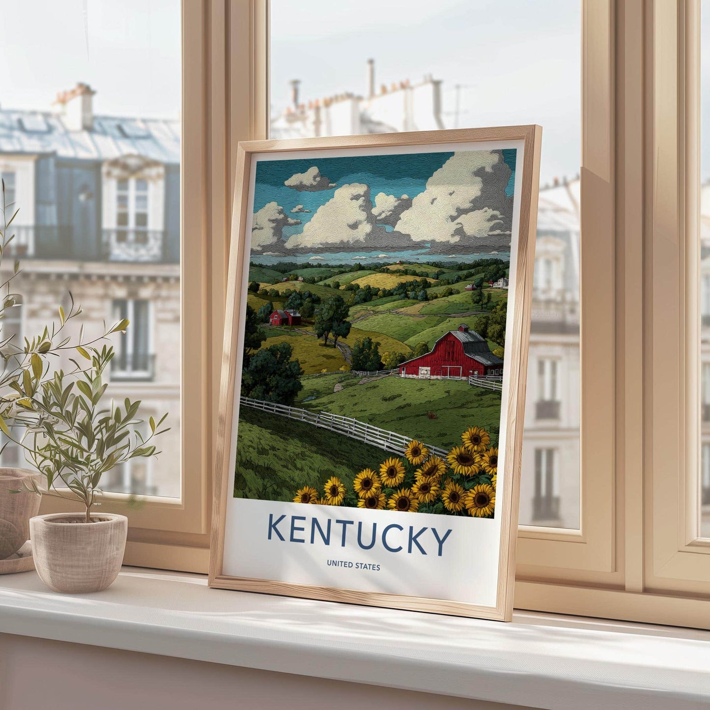 Kentucky Poster - Kentucky Travel Art - Red Barn Sunflowers Home Decor