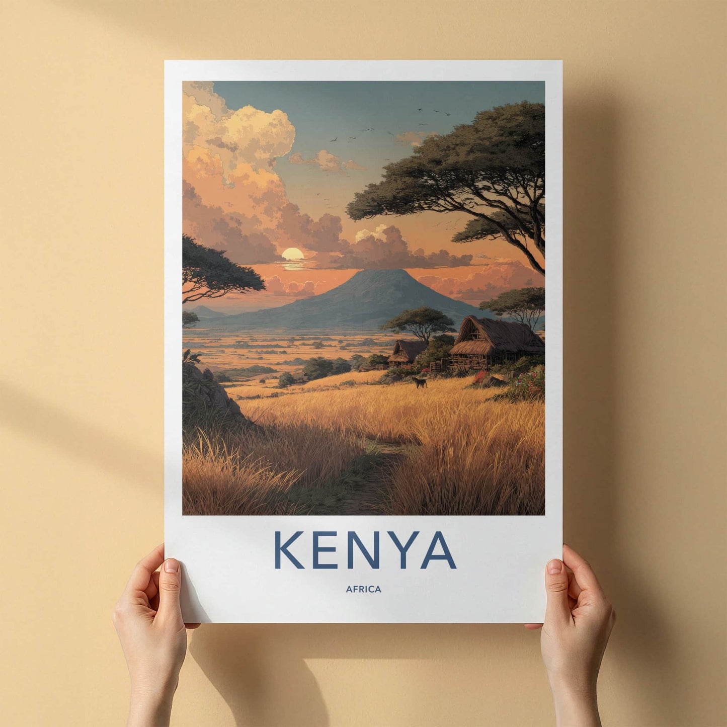 Kenya Poster - Africa Travel Art - Mountain Sunset Village Home Decor