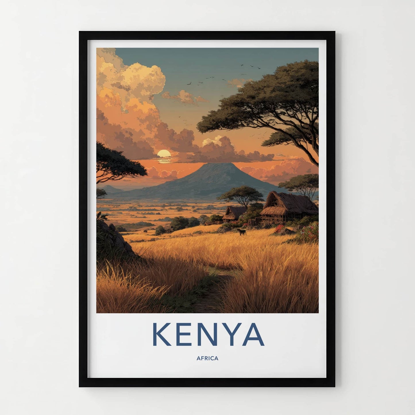 Kenya Poster - Africa Travel Art - Mountain Sunset Village Home Decor