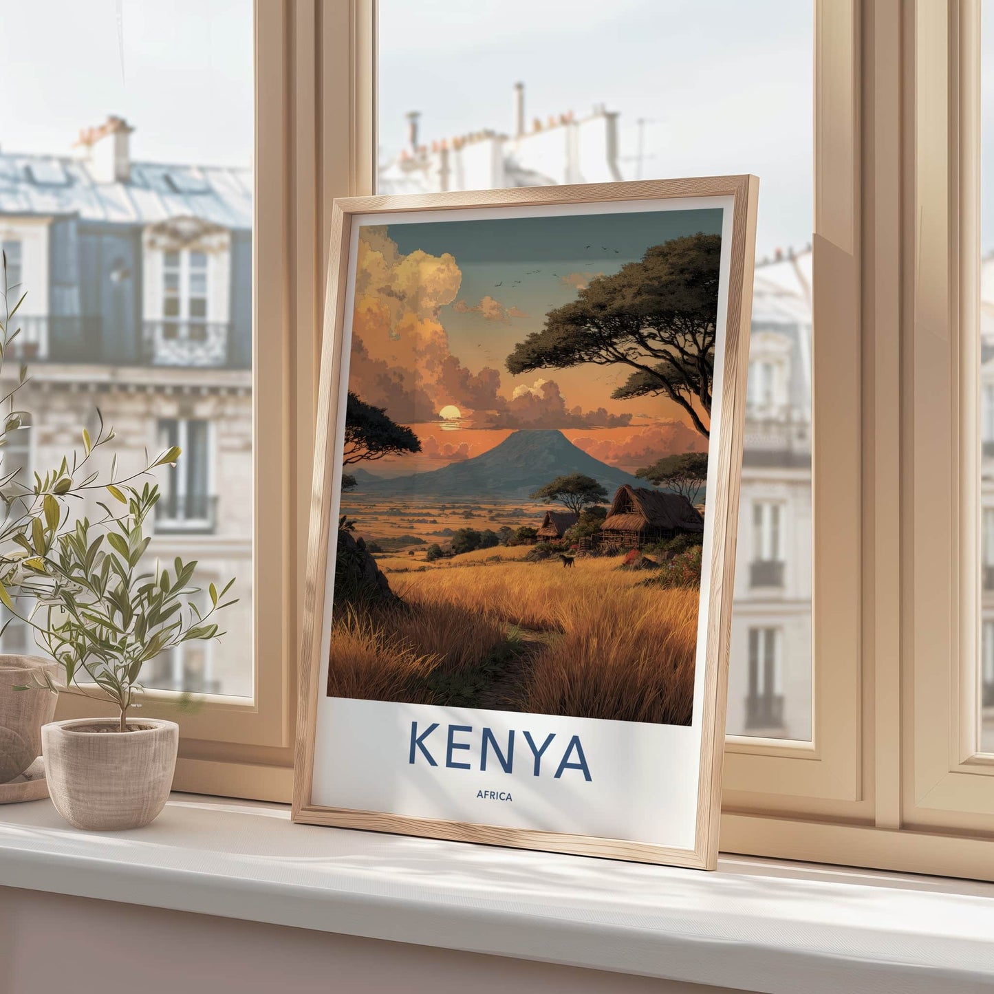 Kenya Poster - Africa Travel Art - Mountain Sunset Village Home Decor