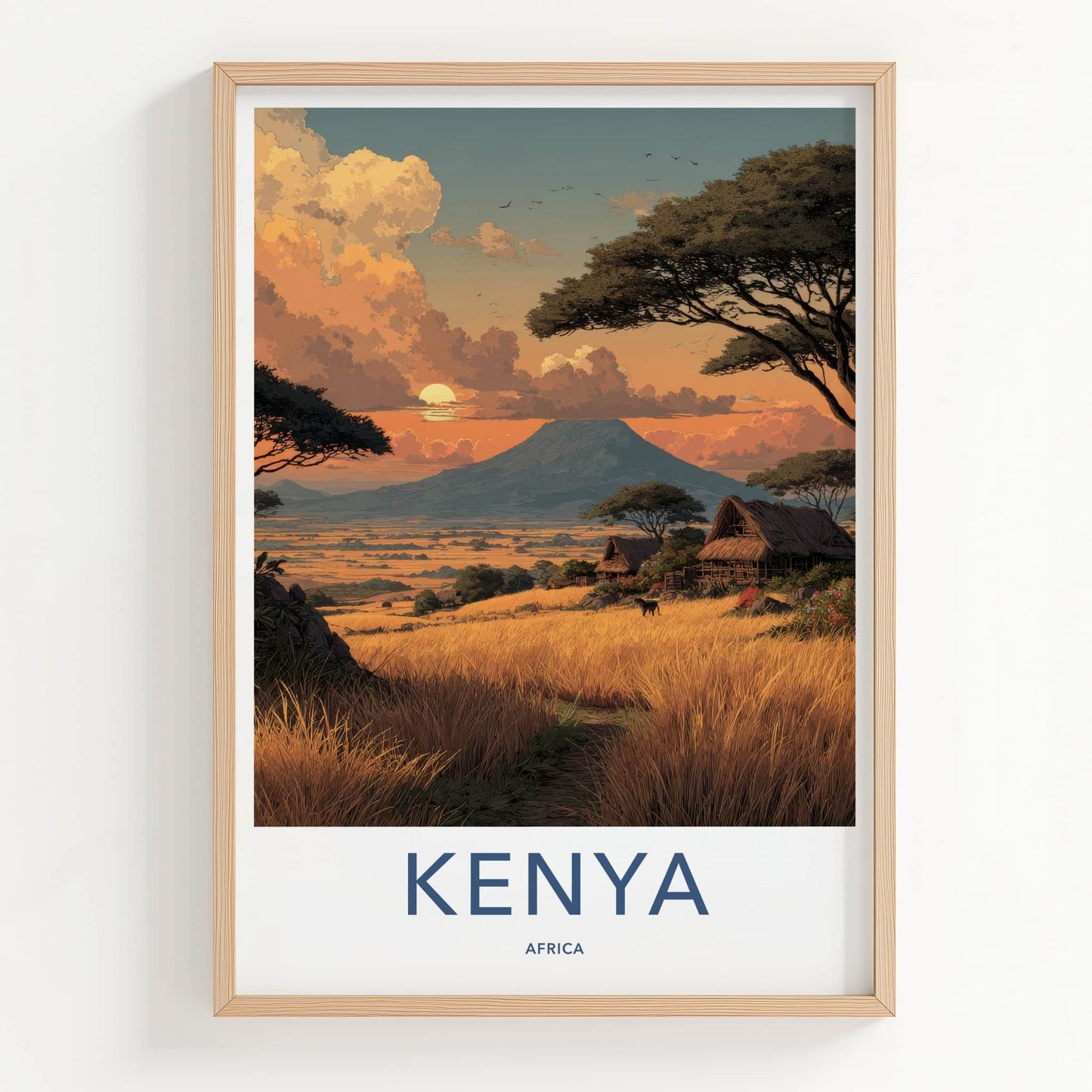 Kenya Poster - Africa Travel Art - Mountain Sunset Village Home Decor