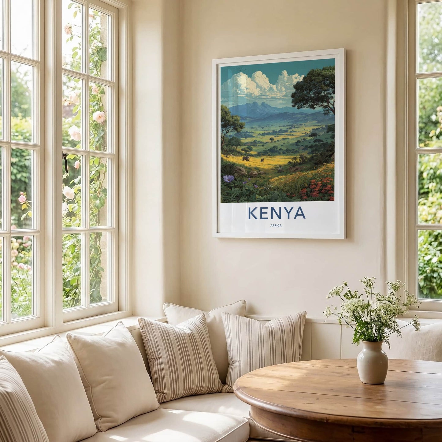 Kenya Poster - Nature Travel Art - Lush Valley Elephants Home Decor