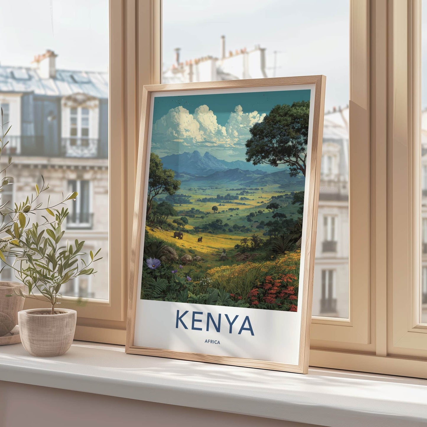Kenya Poster - Nature Travel Art - Lush Valley Elephants Home Decor