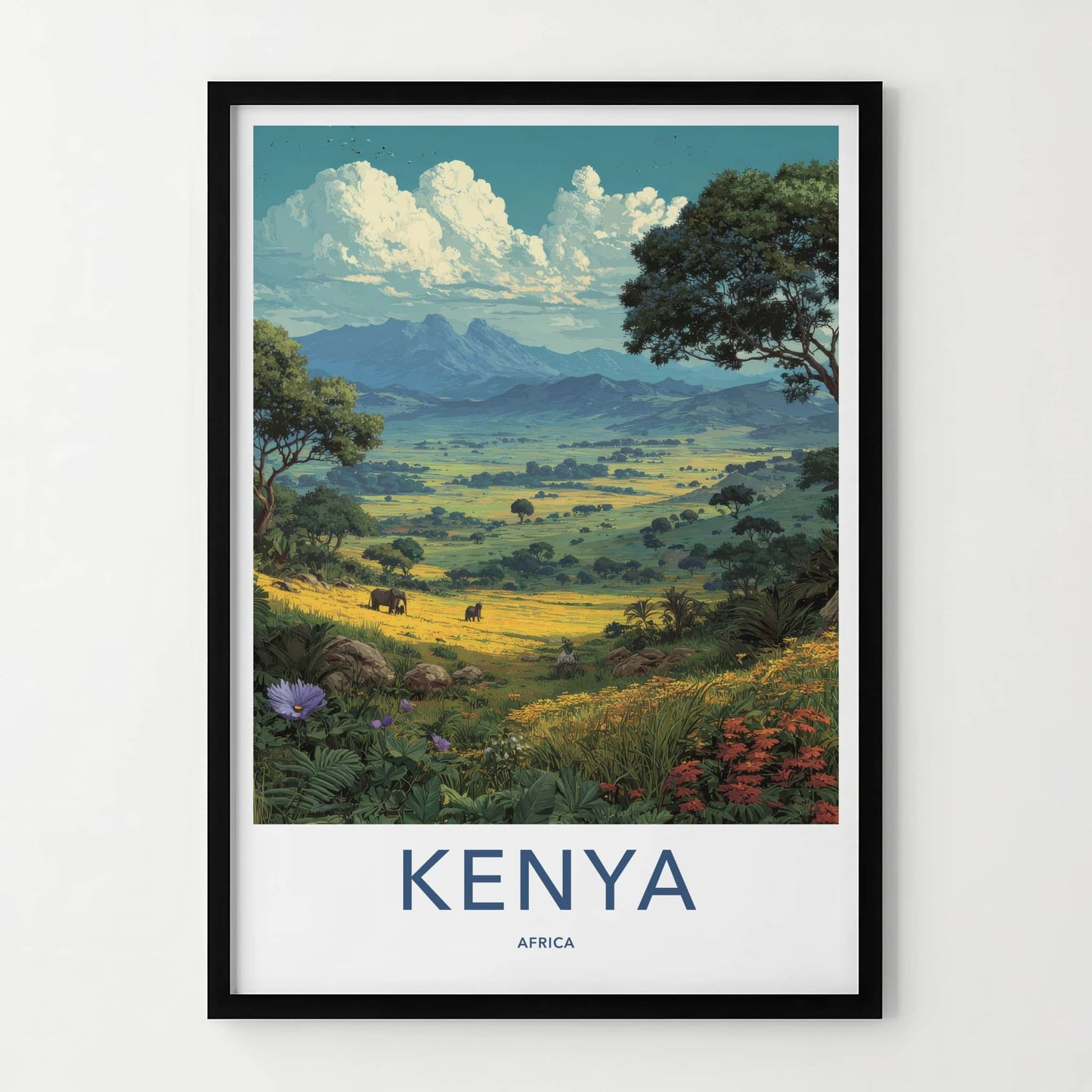 Kenya Poster - Nature Travel Art - Lush Valley Elephants Home Decor
