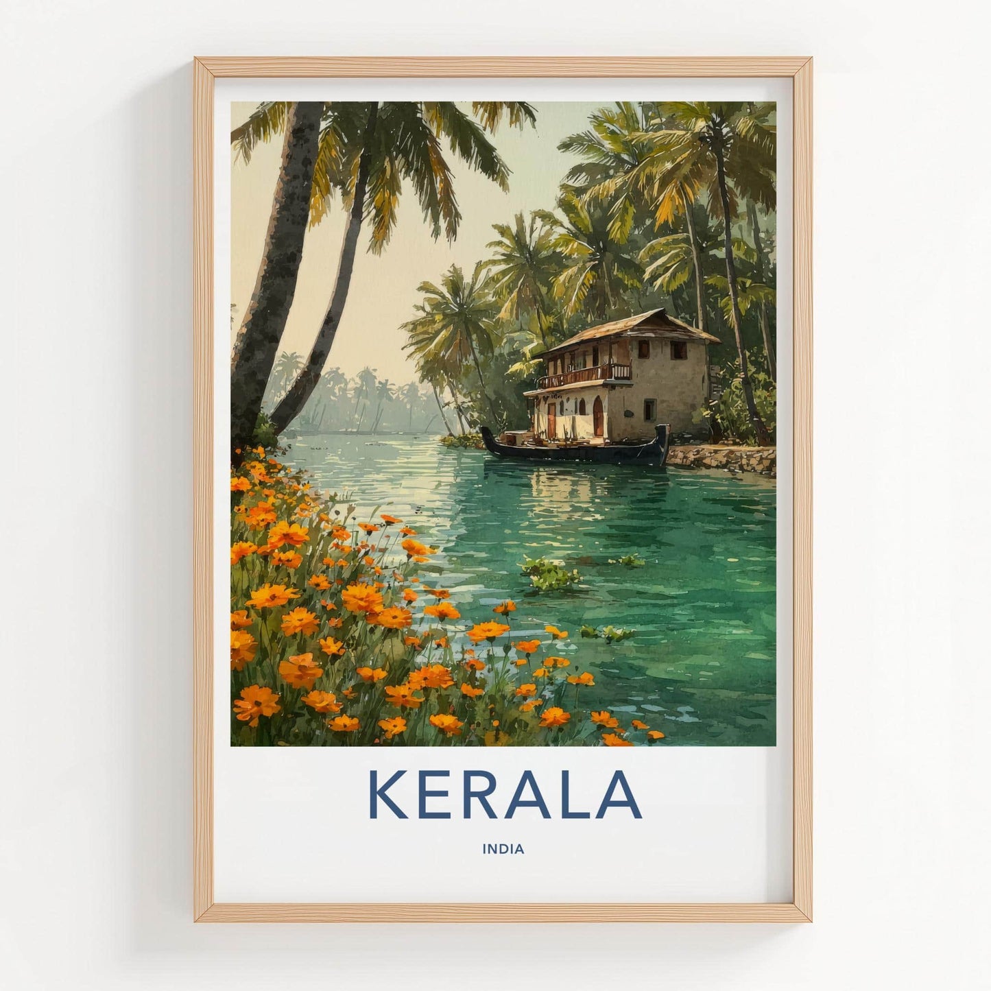 Kerala Poster - India Travel Art - Kerala Backwater House Home Decor