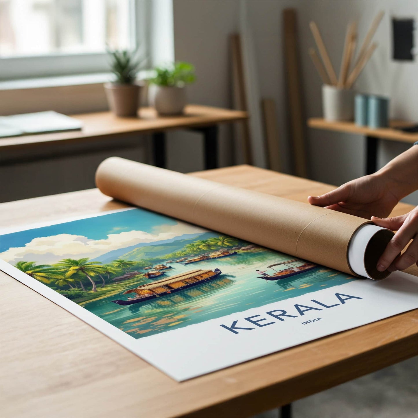 Kerala Poster - India Travel Art - Kerala Houseboats Landscape Home Decor