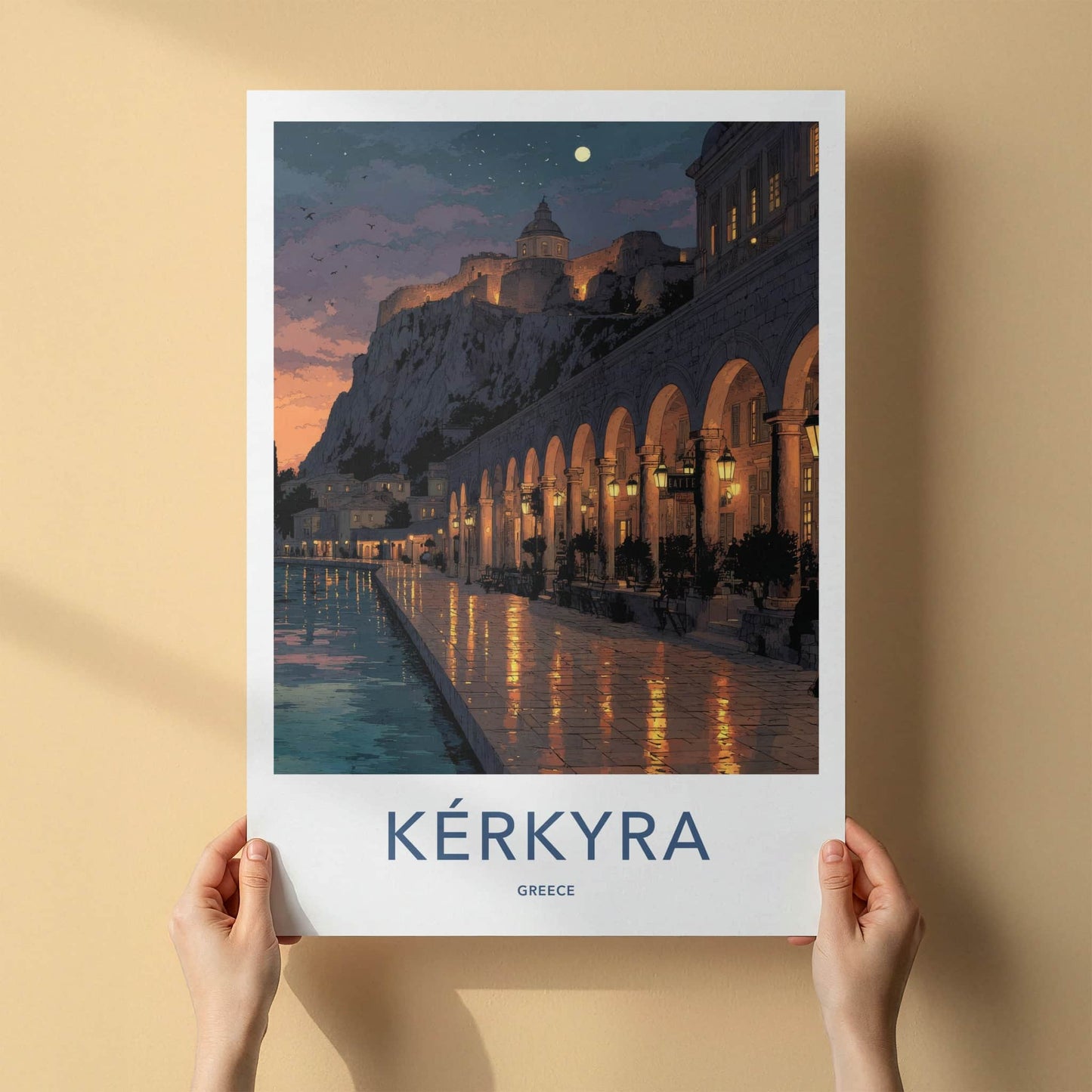 Kerkyra Poster - Greece Travel Art - Archway Moonlit Lights Wall Decor