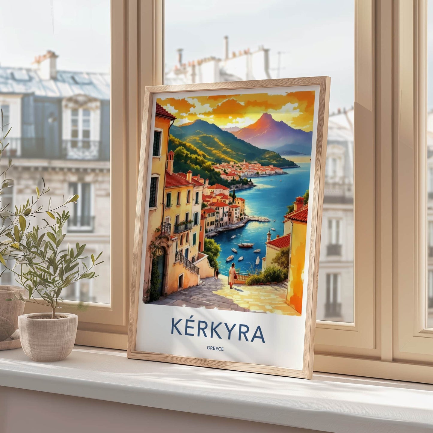 Kerkyra Poster - Greece Travel Art - Coastal Town Sunset Home Decor