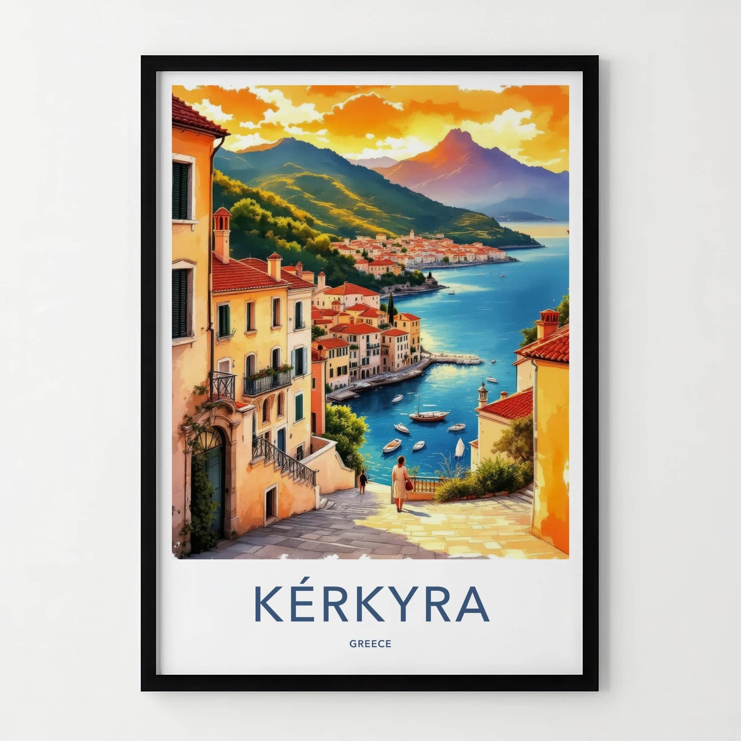 Kerkyra Poster - Greece Travel Art - Coastal Town Sunset Home Decor