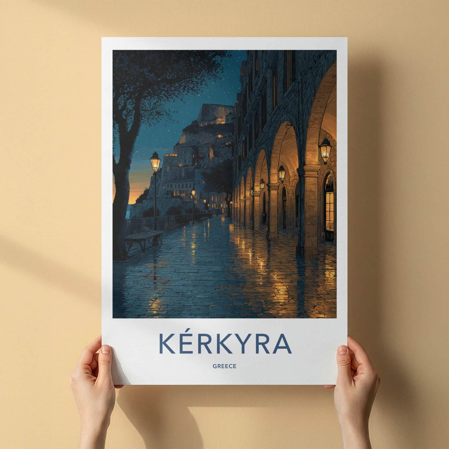 Kerkyra Poster - Greece Travel Art - Illuminated Arches Town Wall Art