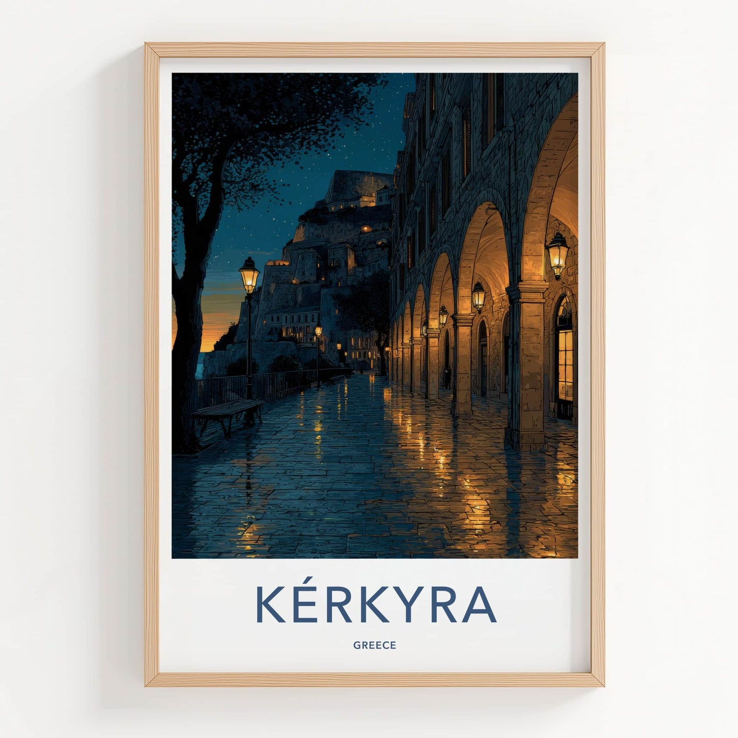 Kerkyra Poster - Greece Travel Art - Illuminated Arches Town Wall Art