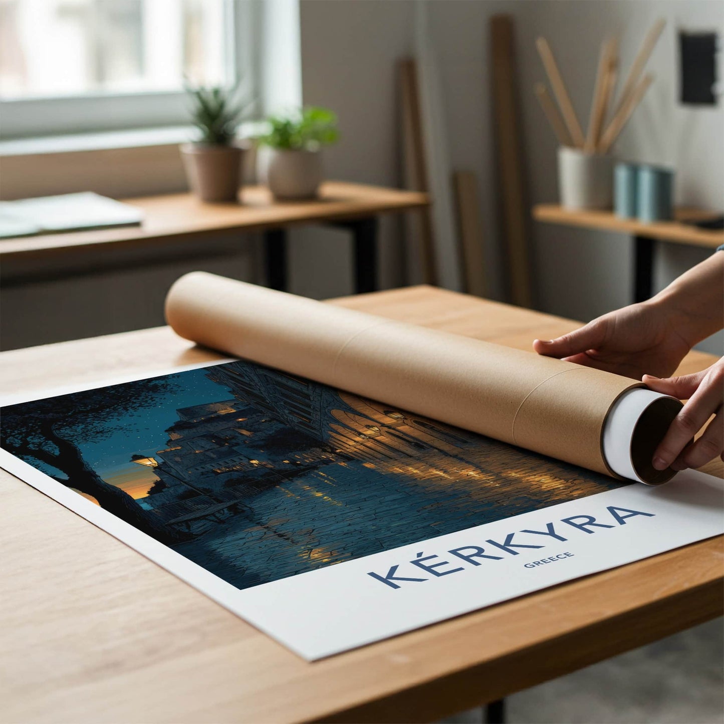Kerkyra Poster - Greece Travel Art - Illuminated Arches Town Wall Art