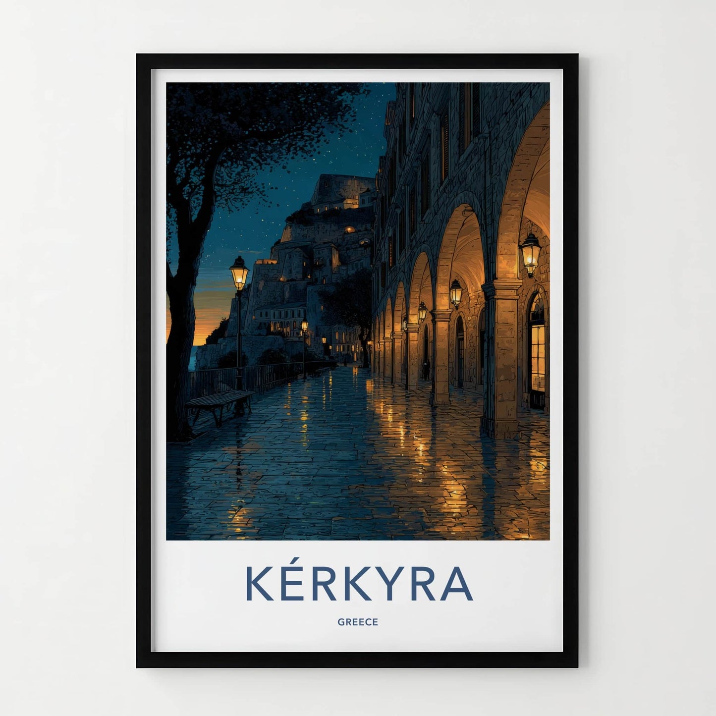 Kerkyra Poster - Greece Travel Art - Illuminated Arches Town Wall Art