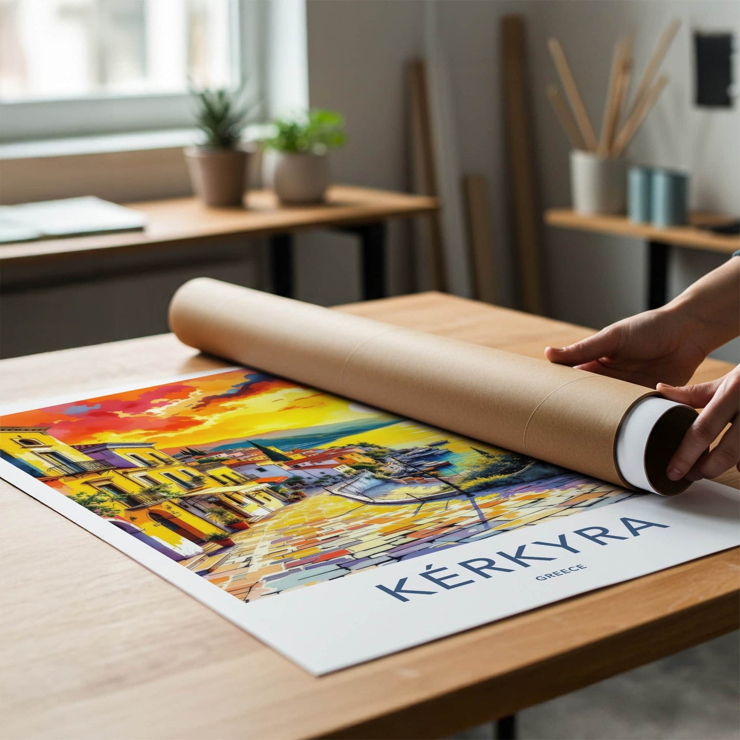 Kerkyra Poster - Greece Travel Art - Vibrant Village Sunset Home Decor