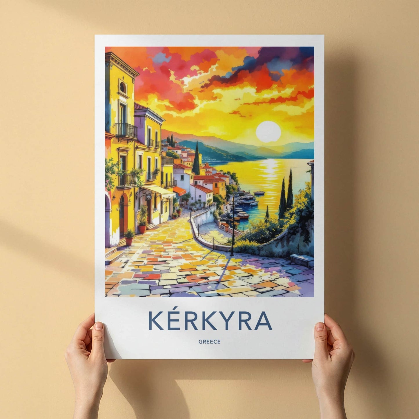 Kerkyra Poster - Greece Travel Art - Vibrant Village Sunset Home Decor
