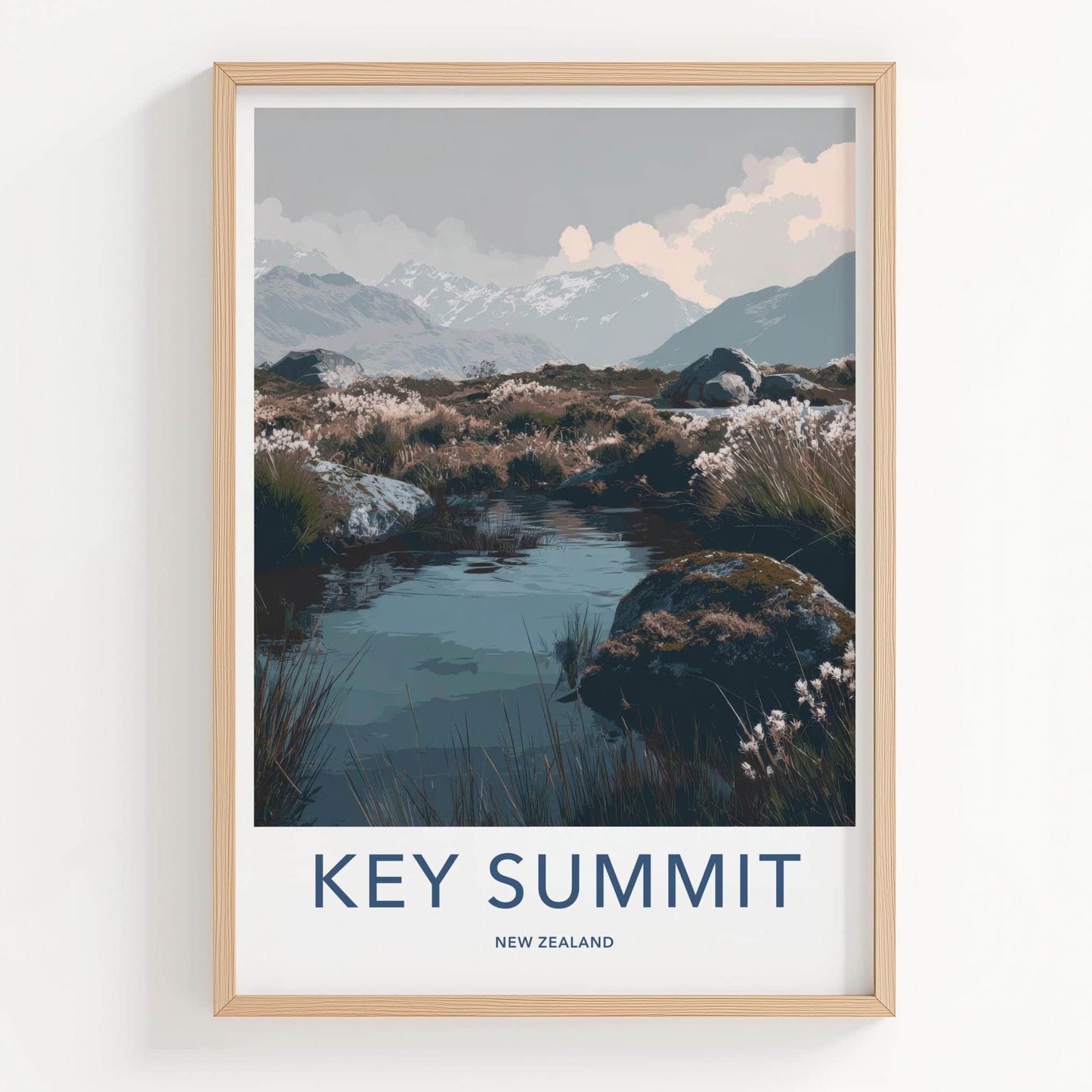 Key Summit Poster - New Zealand Art Print - Alpine Lake Reeds Wall Decor