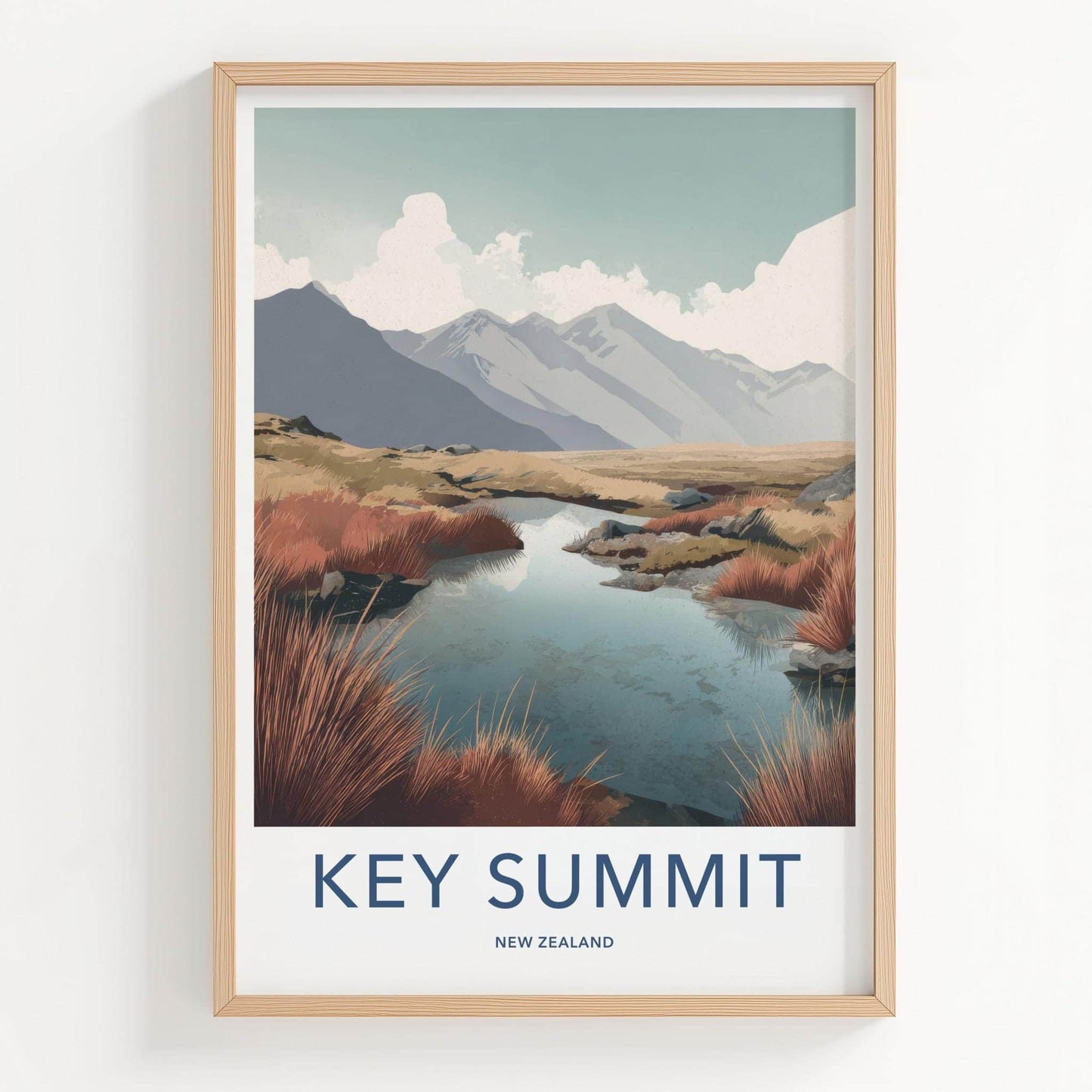 Key Summit Poster - New Zealand Travel Art - Alpine Lake Grass Home Decor