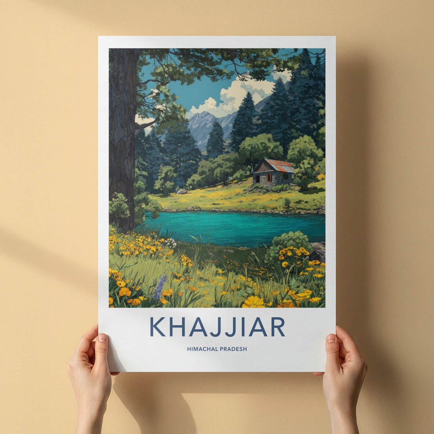 Khajjiar Poster - India Himachal Pradesh Stone Cabin Travel Art