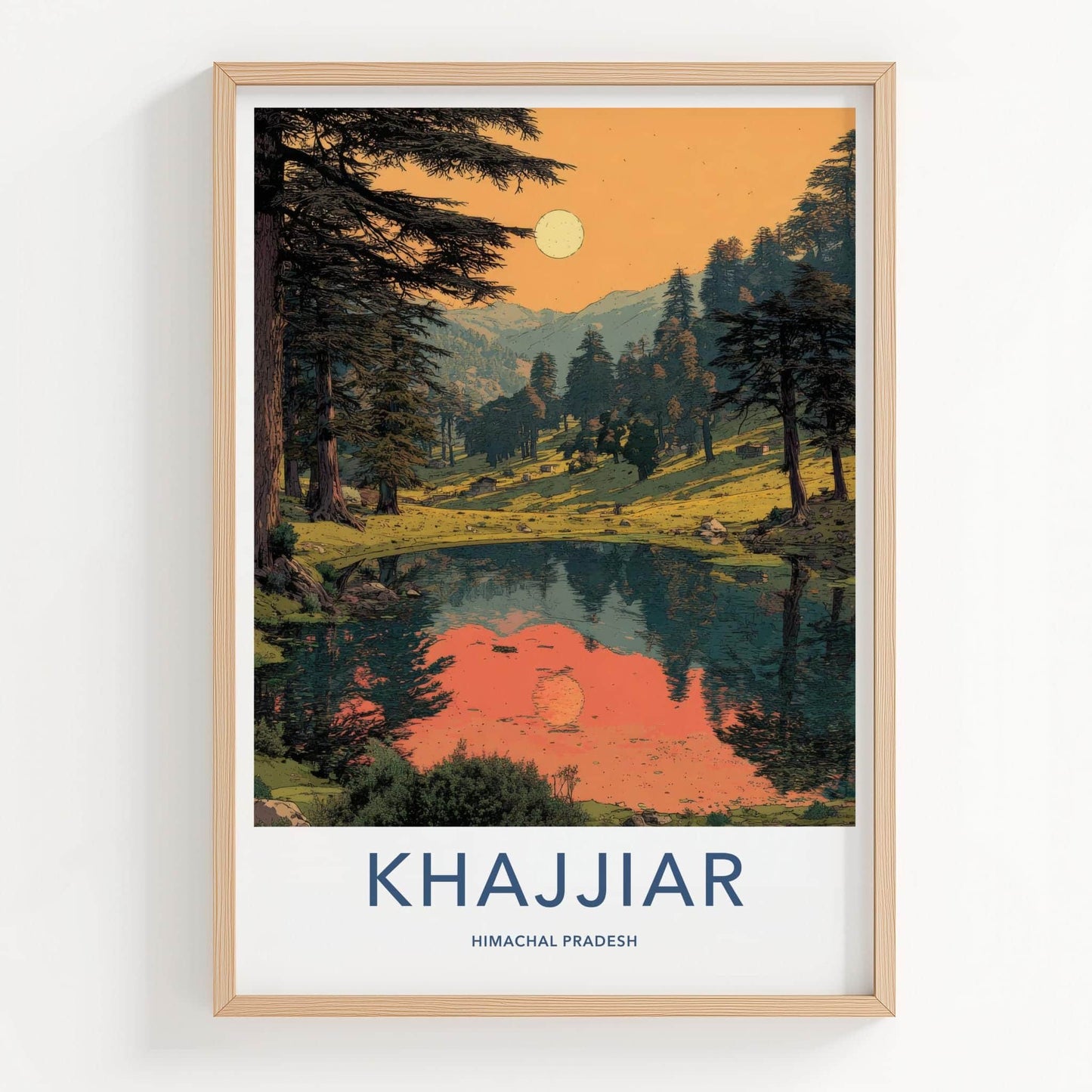 Khajjiar Poster - India Travel Art - Himachal Pradesh Calm Lake Sunset Wall Decor