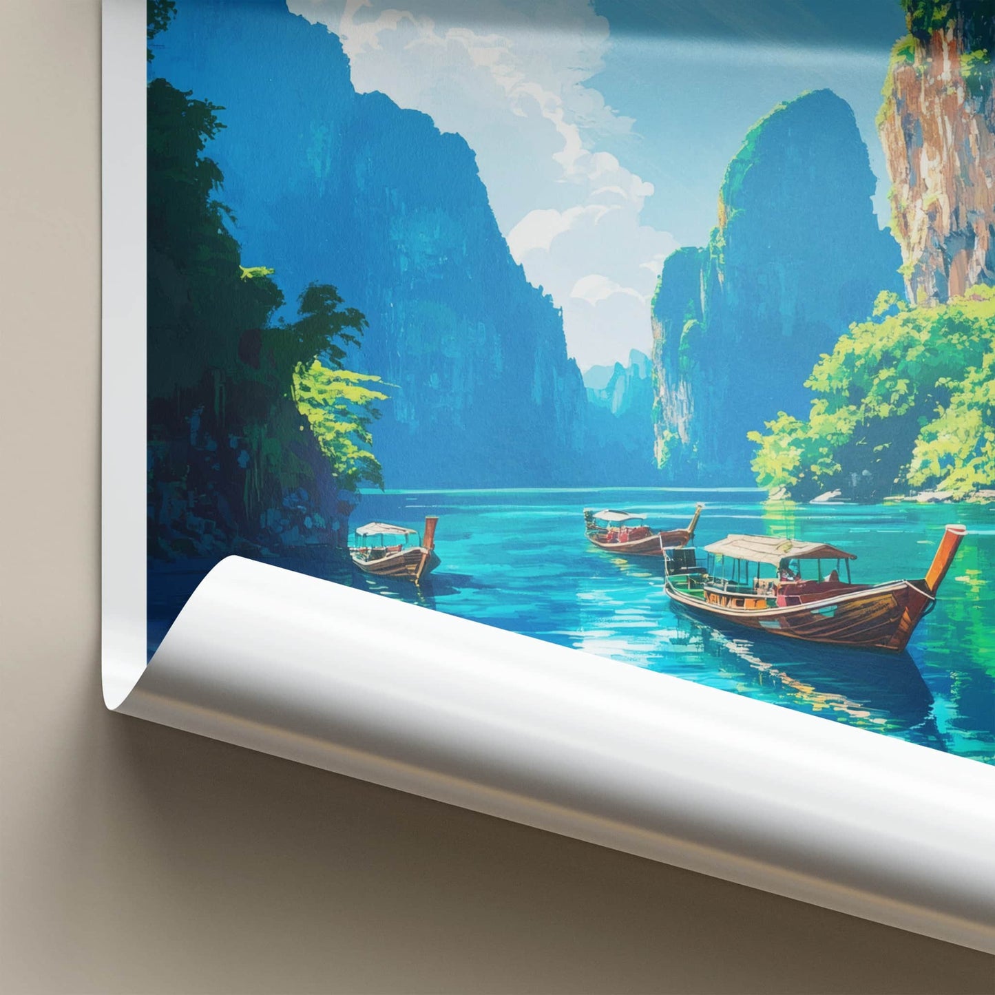 Khao Sok National Park Poster - Thailand Fine Art - Longtail Boats Cliffs Home Art