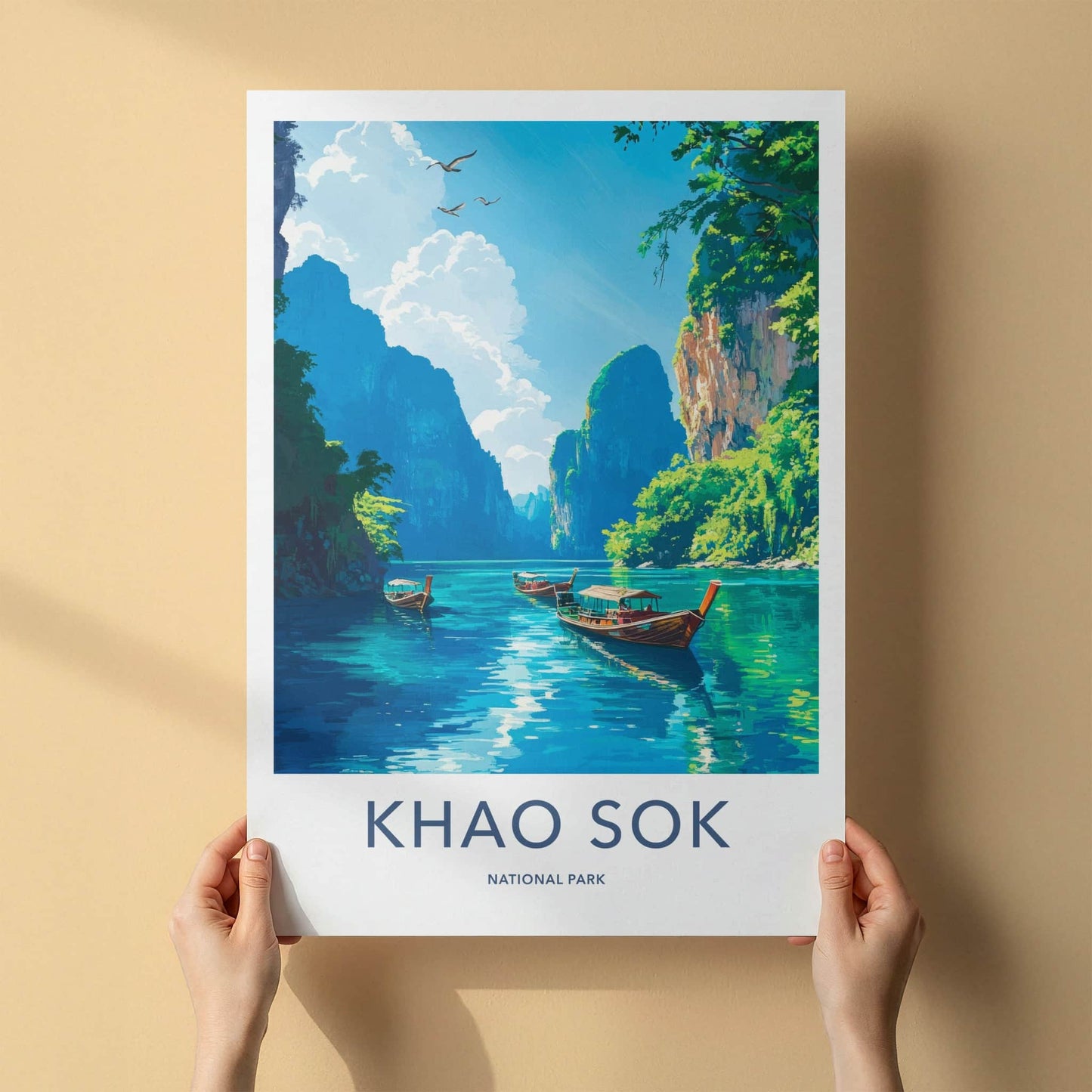 Khao Sok National Park Poster - Thailand Fine Art - Longtail Boats Cliffs Home Art