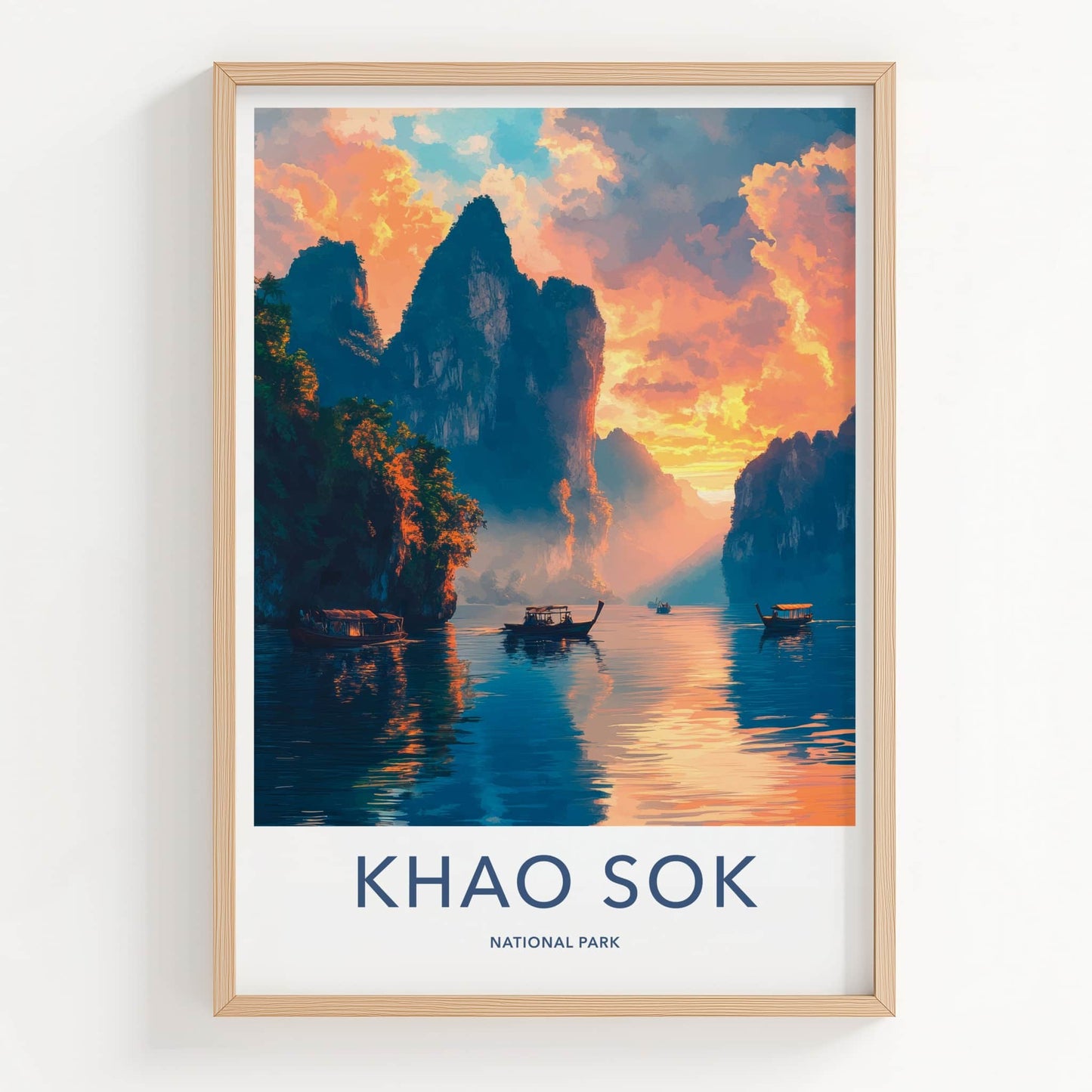 Khao Sok National Park Poster - Thailand Travel Art - Sunset Karst Boats Home Decor