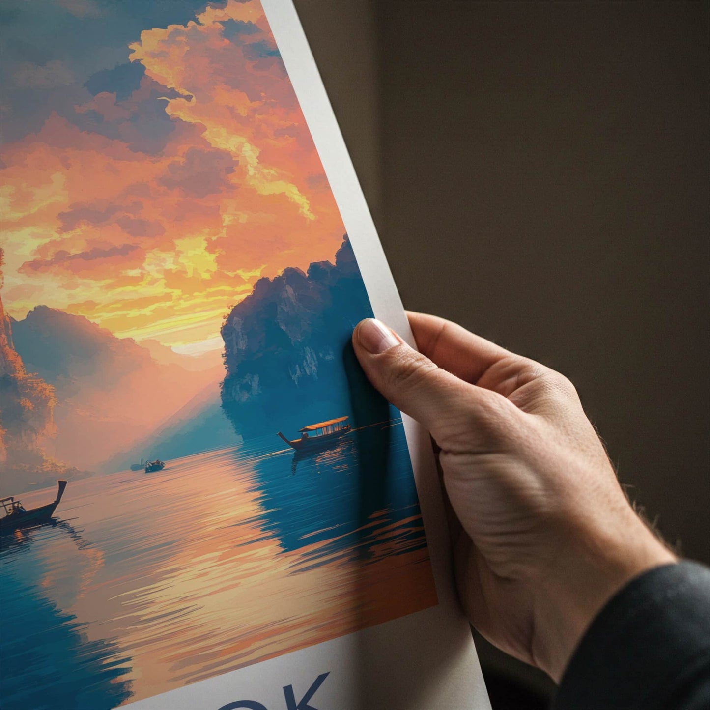 Khao Sok National Park Poster - Thailand Travel Art - Sunset Karst Boats Home Decor
