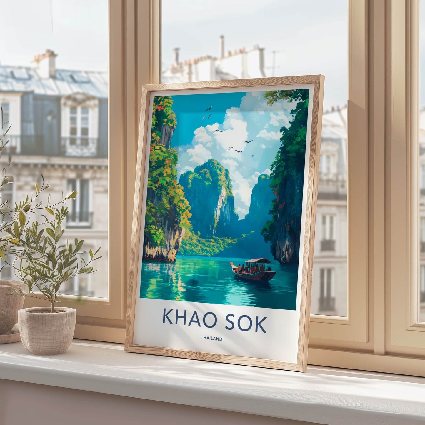 Khao Sok Poster - Thailand Travel Art - Boat Tropical Cliffs Home Decor