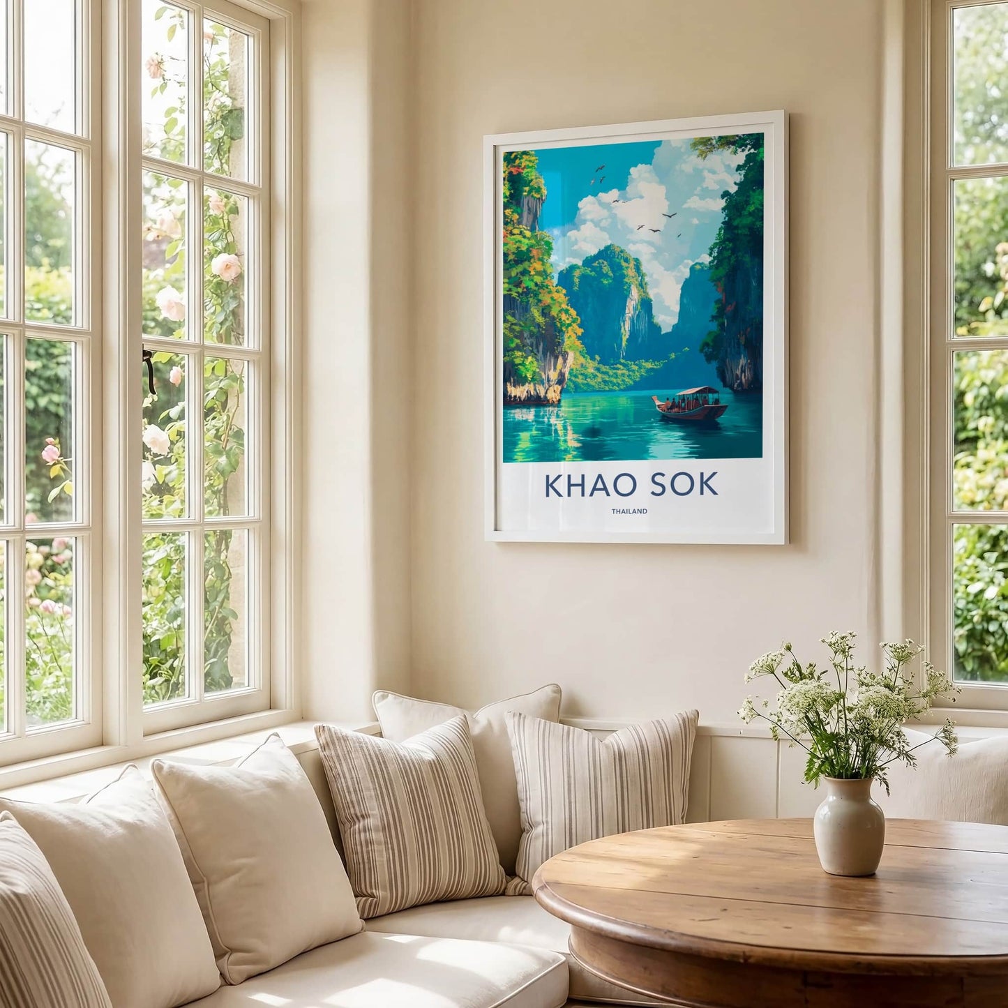 Khao Sok Poster - Thailand Travel Art - Boat Tropical Cliffs Home Decor