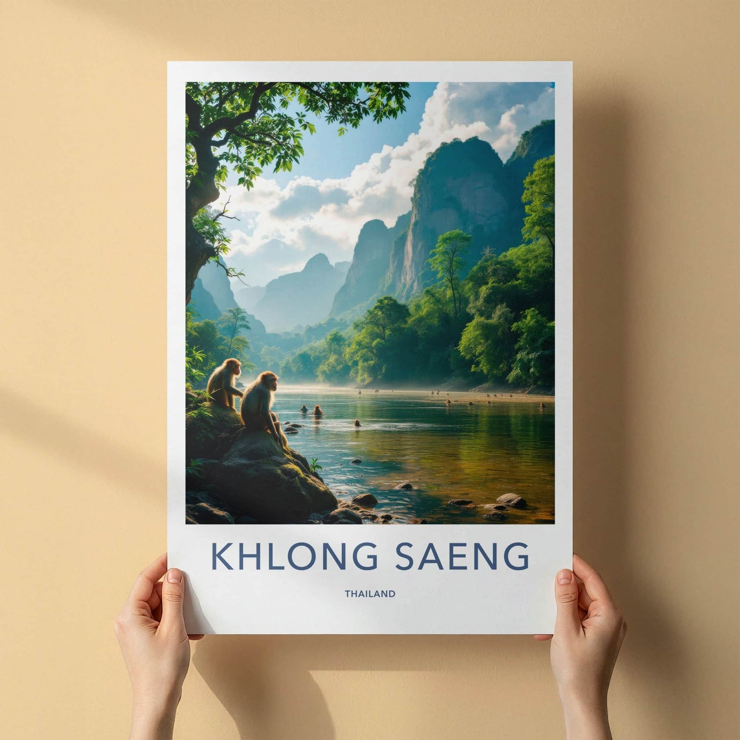 Khlong Saeng Poster - Thailand Travel Art - Monkeys River Mountains Home Decor