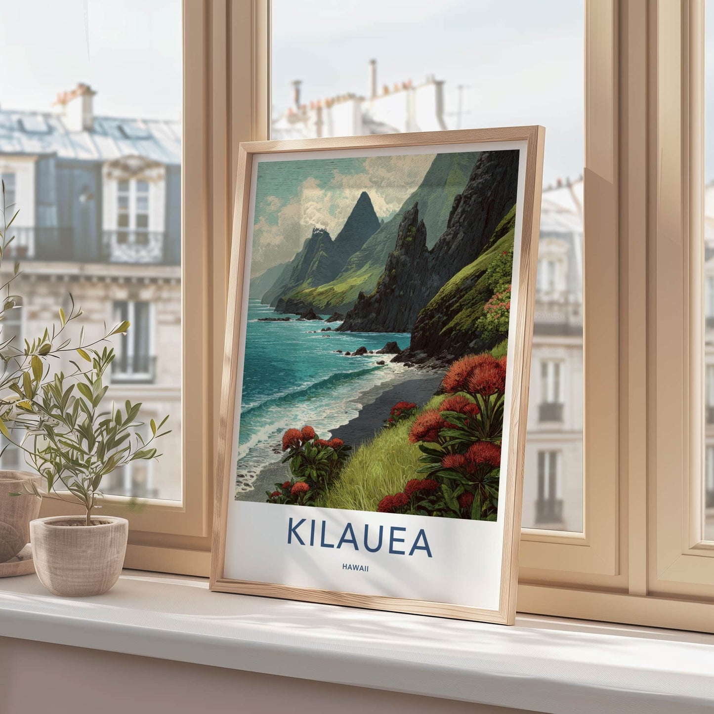 Kilauea Poster - Hawaii Travel Art - Coastal Cliffs Ohia Home Decor
