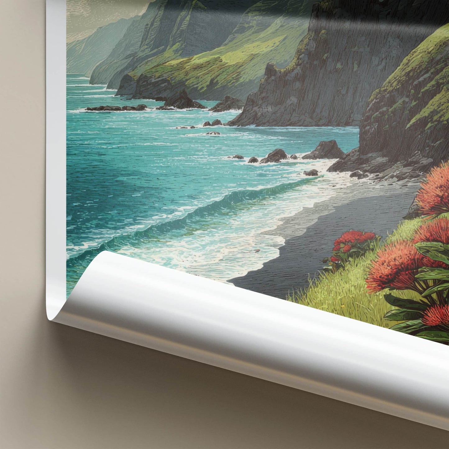 Kilauea Poster - Hawaii Travel Art - Coastal Cliffs Ohia Home Decor