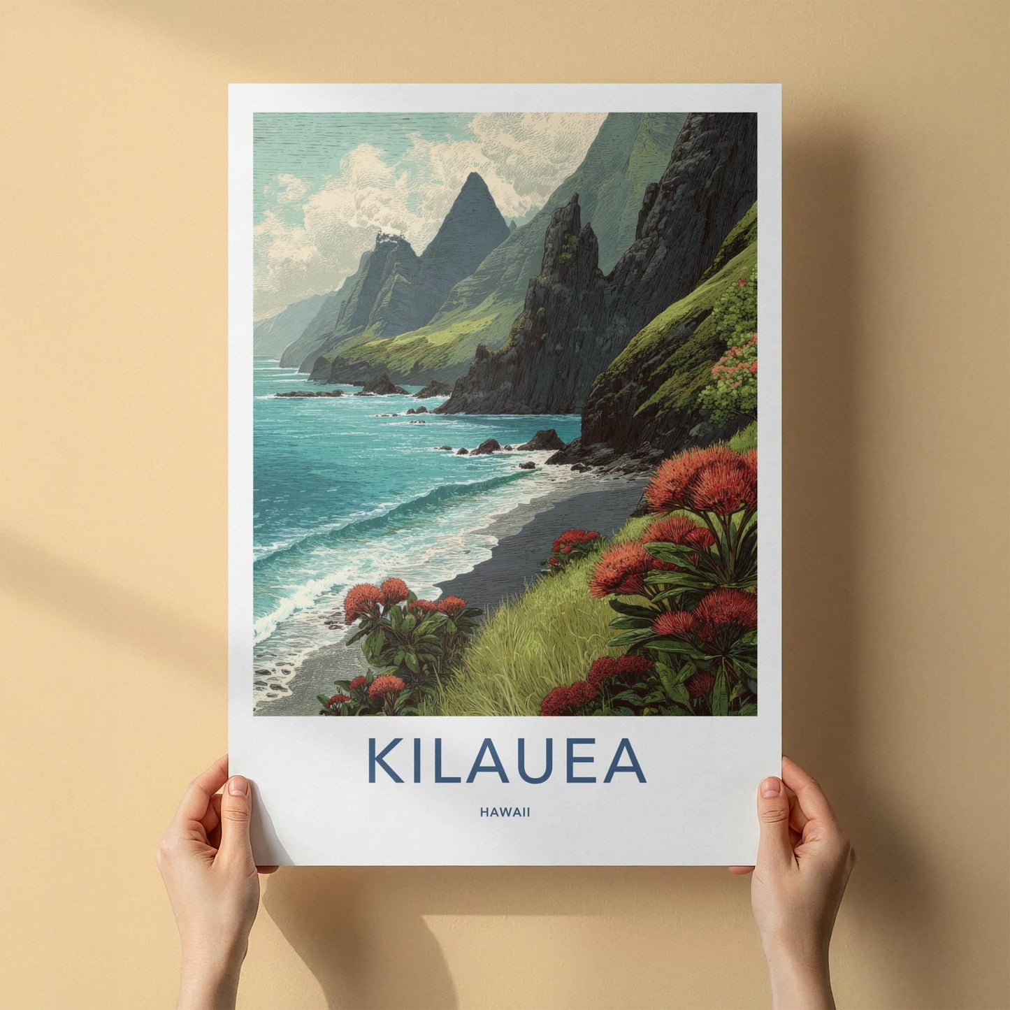 Kilauea Poster - Hawaii Travel Art - Coastal Cliffs Ohia Home Decor
