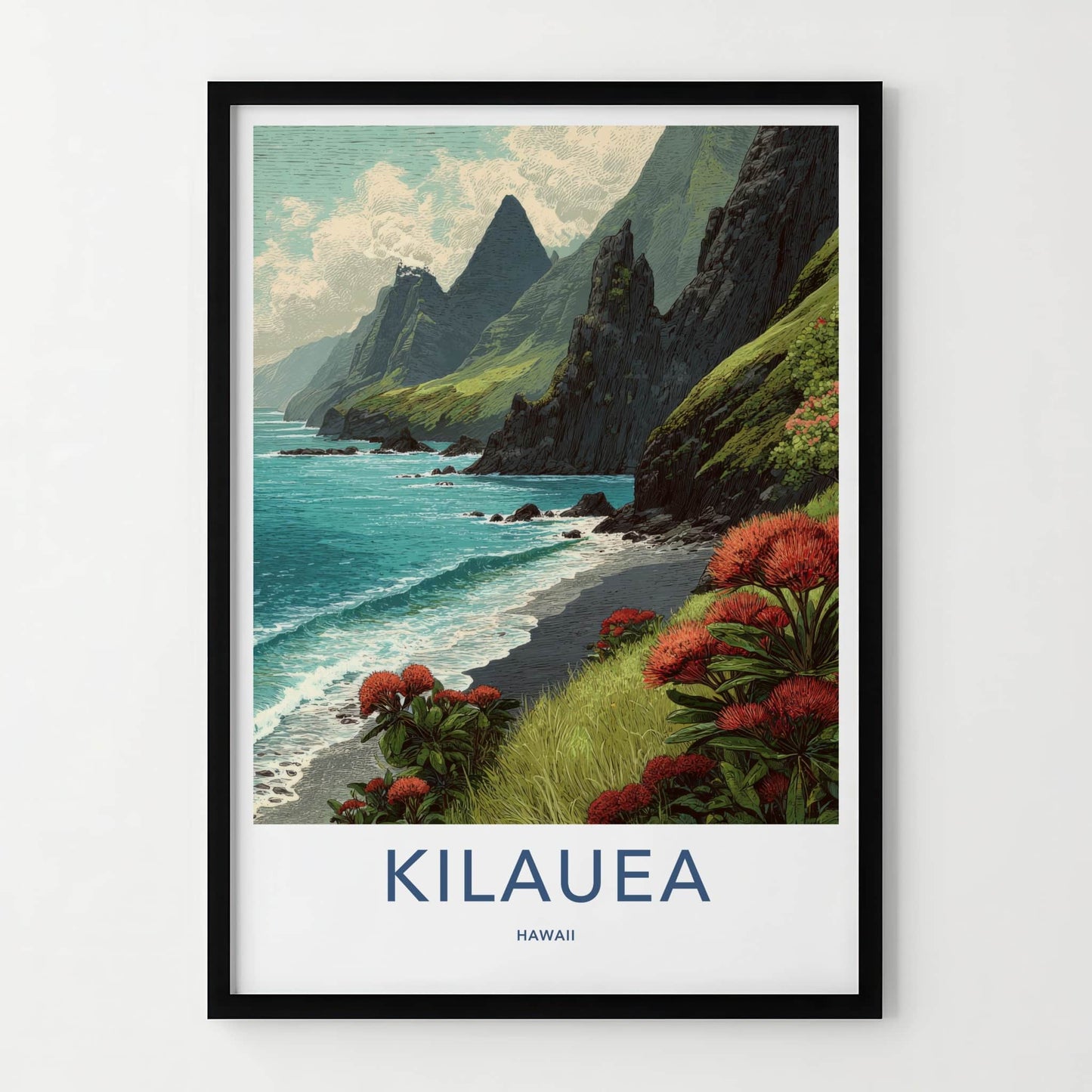 Kilauea Poster - Hawaii Travel Art - Coastal Cliffs Ohia Home Decor
